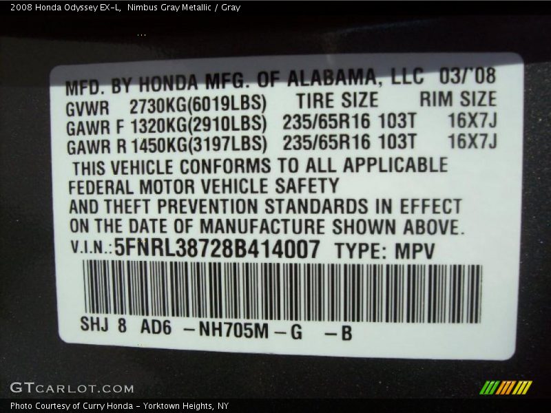 Nimbus Gray Metallic / Gray 2008 Honda Odyssey EX-L