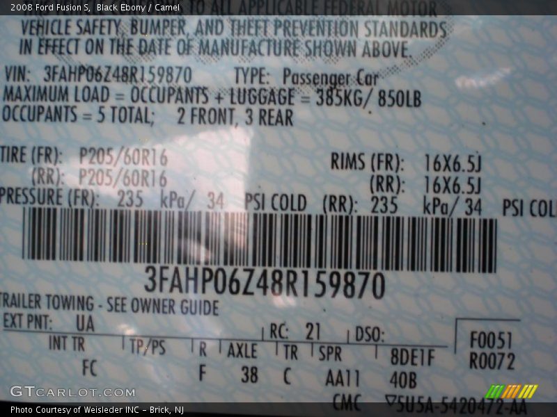 Black Ebony / Camel 2008 Ford Fusion S