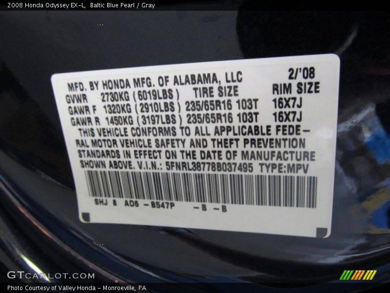 Baltic Blue Pearl / Gray 2008 Honda Odyssey EX-L