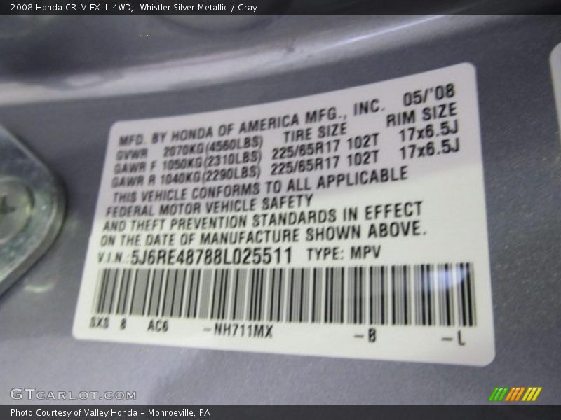 Whistler Silver Metallic / Gray 2008 Honda CR-V EX-L 4WD