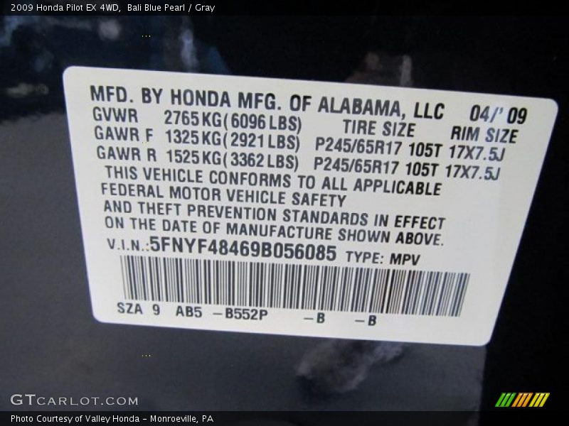 2009 Pilot EX 4WD Bali Blue Pearl Color Code B552P