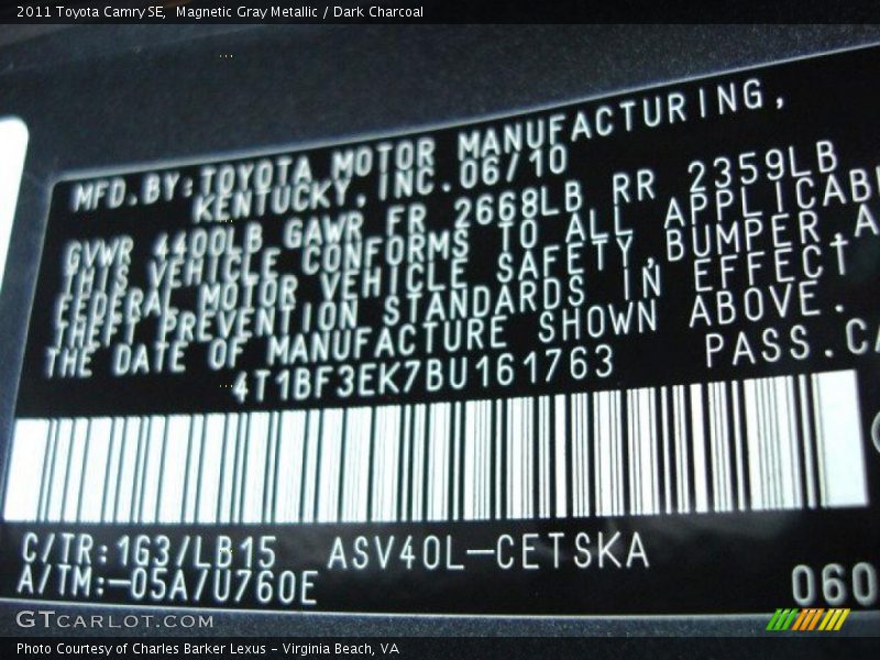 Magnetic Gray Metallic / Dark Charcoal 2011 Toyota Camry SE
