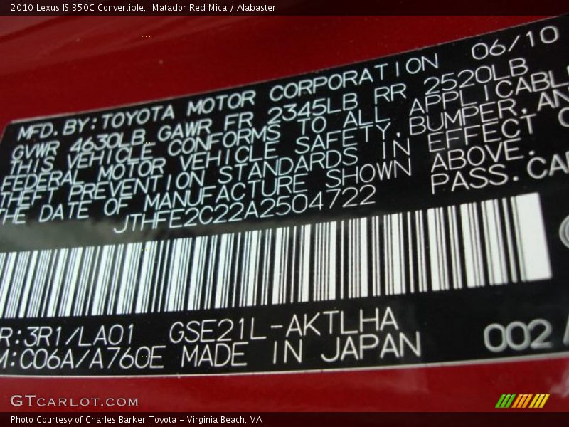 2010 IS 350C Convertible Matador Red Mica Color Code 3R1
