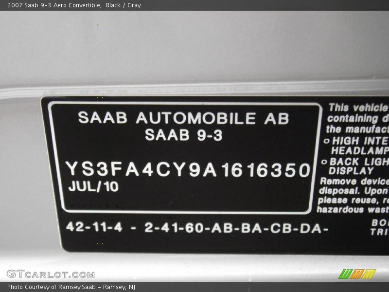 Info Tag of 2007 9-3 Aero Convertible