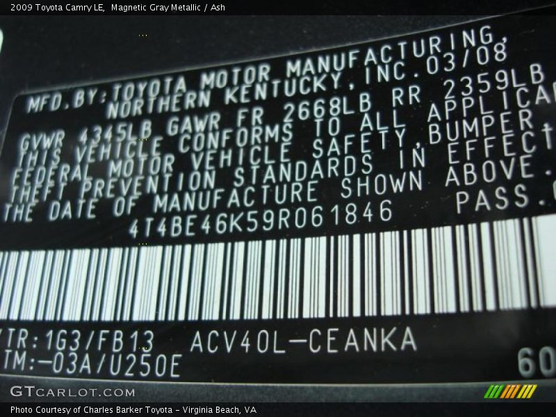 Magnetic Gray Metallic / Ash 2009 Toyota Camry LE
