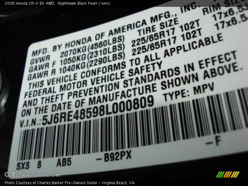 Nighthawk Black Pearl / Ivory 2008 Honda CR-V EX 4WD