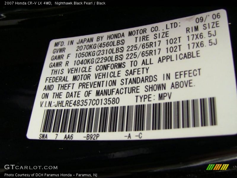 Nighthawk Black Pearl / Black 2007 Honda CR-V LX 4WD