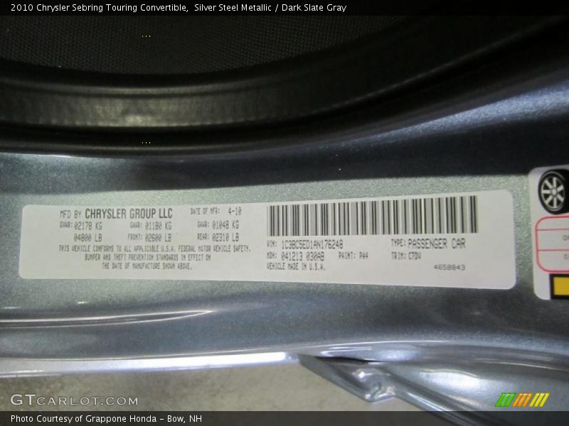 Silver Steel Metallic / Dark Slate Gray 2010 Chrysler Sebring Touring Convertible