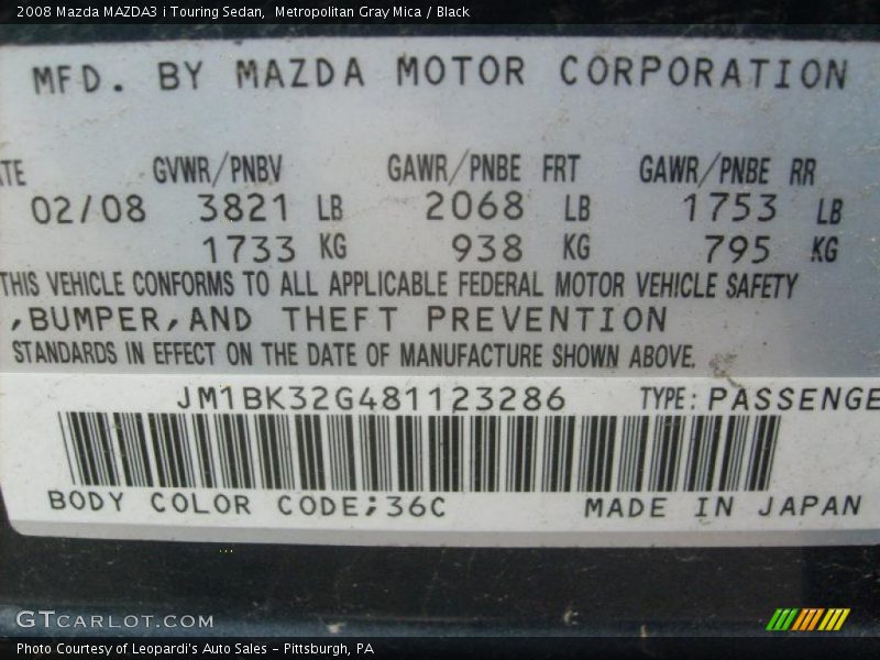 Metropolitan Gray Mica / Black 2008 Mazda MAZDA3 i Touring Sedan