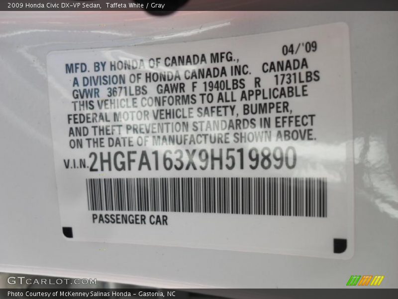 Taffeta White / Gray 2009 Honda Civic DX-VP Sedan