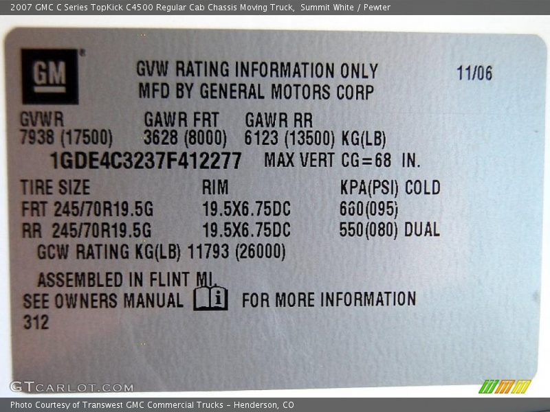 Info Tag of 2007 C Series TopKick C4500 Regular Cab Chassis Moving Truck