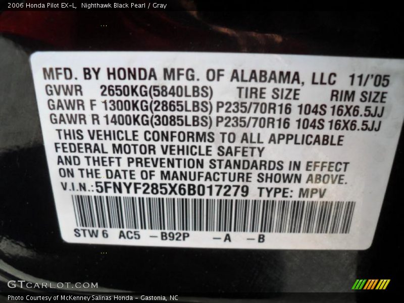 Nighthawk Black Pearl / Gray 2006 Honda Pilot EX-L