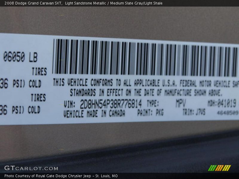 2008 Grand Caravan SXT Light Sandstone Metallic Color Code PKG
