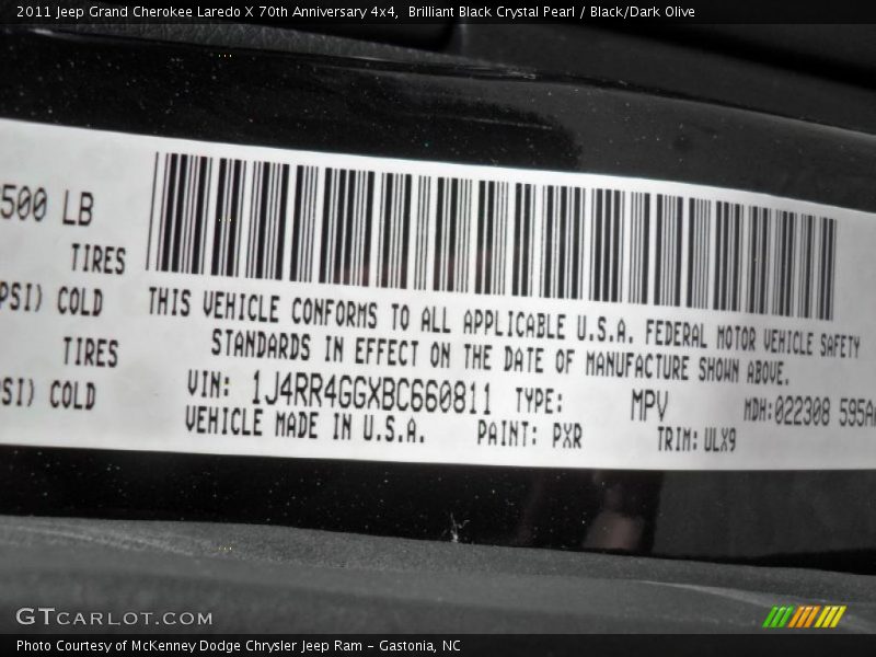 2011 Grand Cherokee Laredo X 70th Anniversary 4x4 Brilliant Black Crystal Pearl Color Code PXR