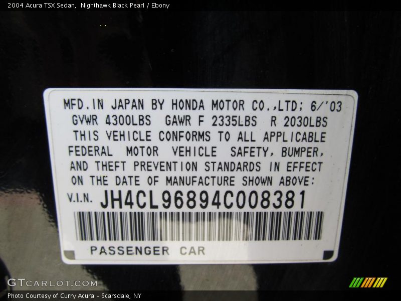 Nighthawk Black Pearl / Ebony 2004 Acura TSX Sedan