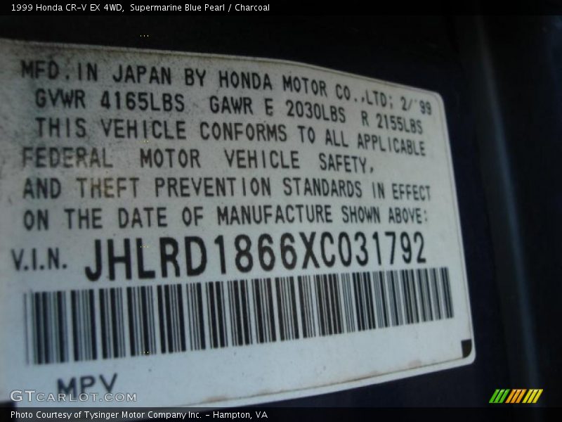 Supermarine Blue Pearl / Charcoal 1999 Honda CR-V EX 4WD
