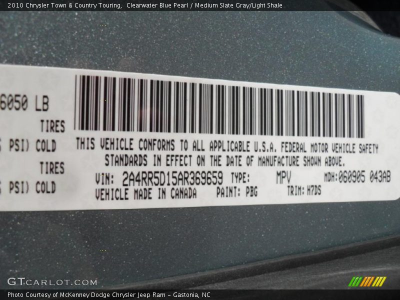 Clearwater Blue Pearl / Medium Slate Gray/Light Shale 2010 Chrysler Town & Country Touring