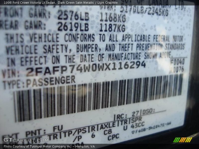 1998 Crown Victoria LX Sedan Dark Green Satin Metallic Color Code FU