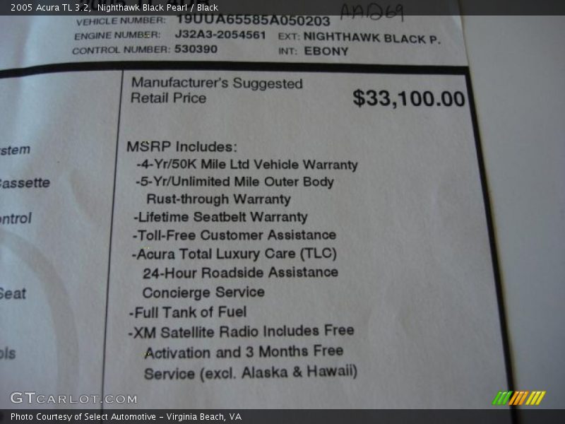  2005 TL 3.2 Window Sticker