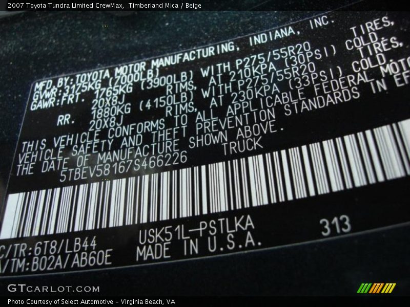 Timberland Mica / Beige 2007 Toyota Tundra Limited CrewMax