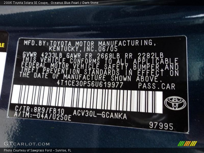 2006 Solara SE Coupe Oceanus Blue Pearl Color Code 8R9