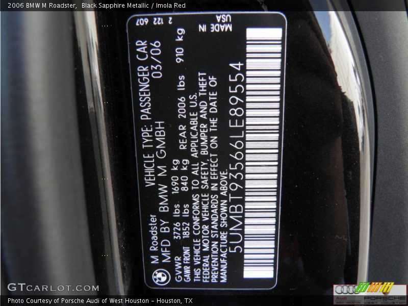 Black Sapphire Metallic / Imola Red 2006 BMW M Roadster