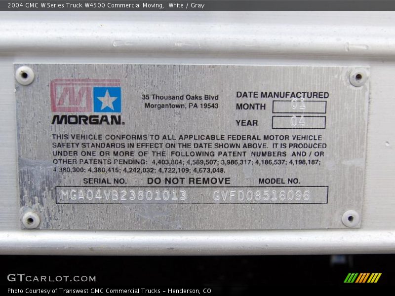 Info Tag of 2004 W Series Truck W4500 Commercial Moving