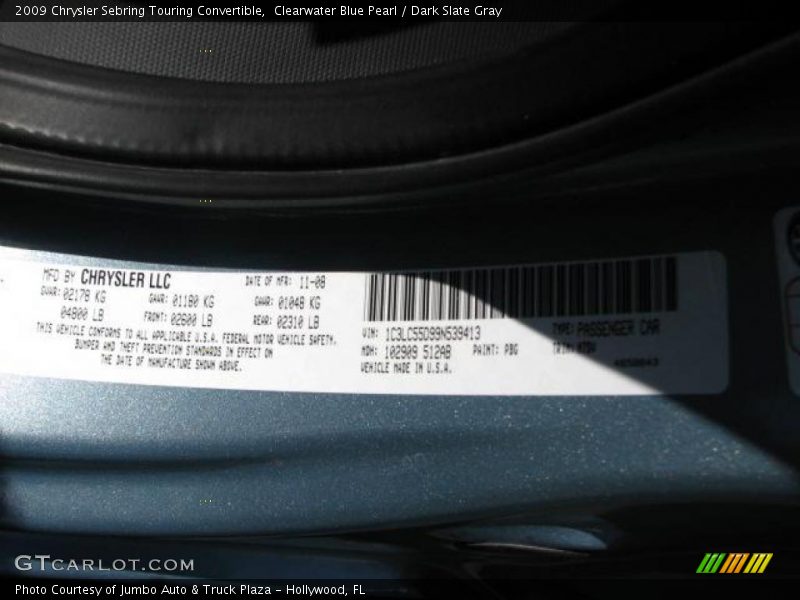 Clearwater Blue Pearl / Dark Slate Gray 2009 Chrysler Sebring Touring Convertible