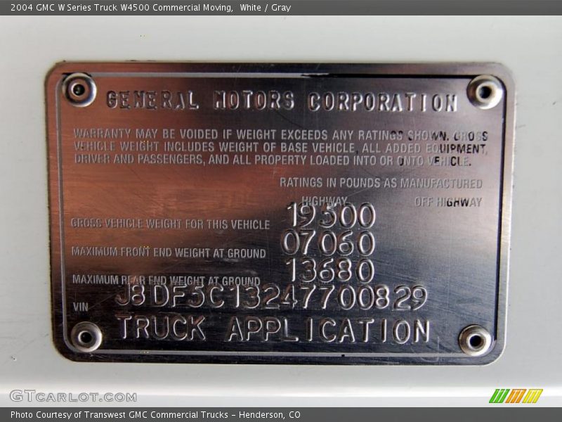 Info Tag of 2004 W Series Truck W4500 Commercial Moving