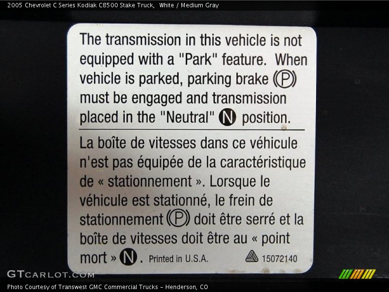 Info Tag of 2005 C Series Kodiak C8500 Stake Truck