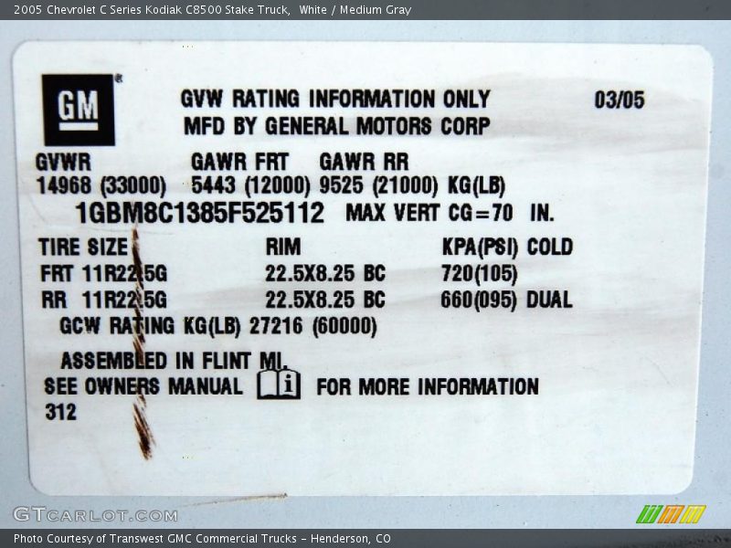 Info Tag of 2005 C Series Kodiak C8500 Stake Truck