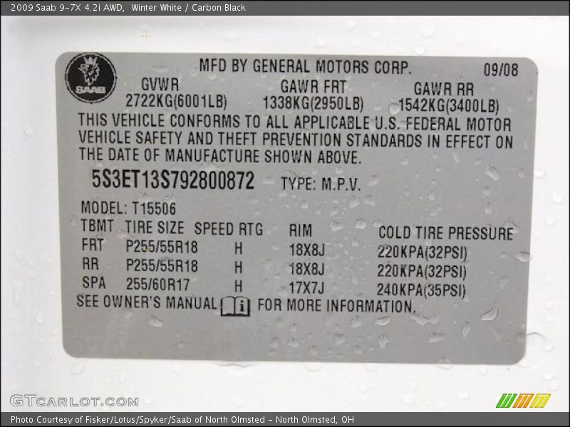 Info Tag of 2009 9-7X 4.2i AWD