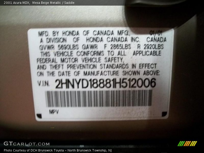 Mesa Beige Metallic / Saddle 2001 Acura MDX