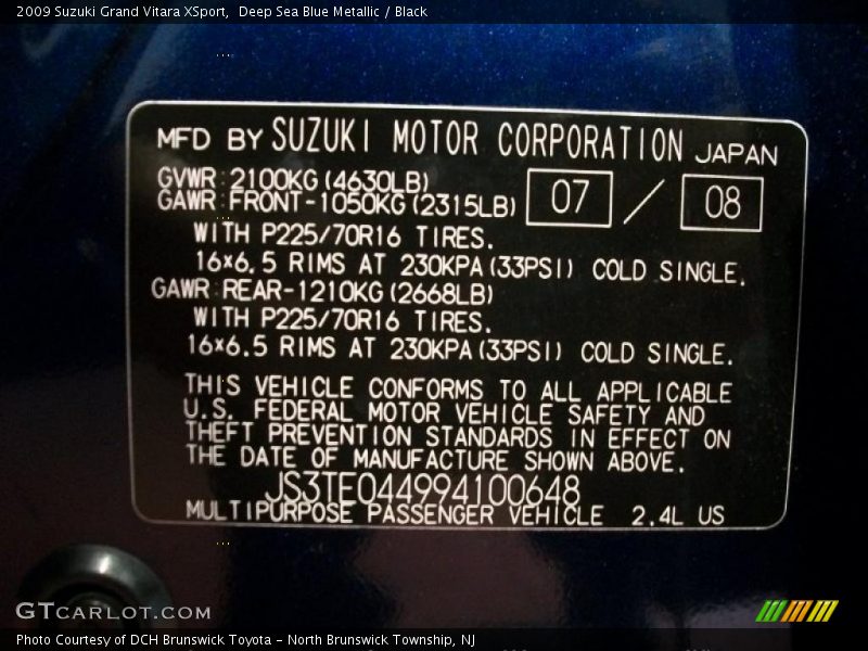 Deep Sea Blue Metallic / Black 2009 Suzuki Grand Vitara XSport
