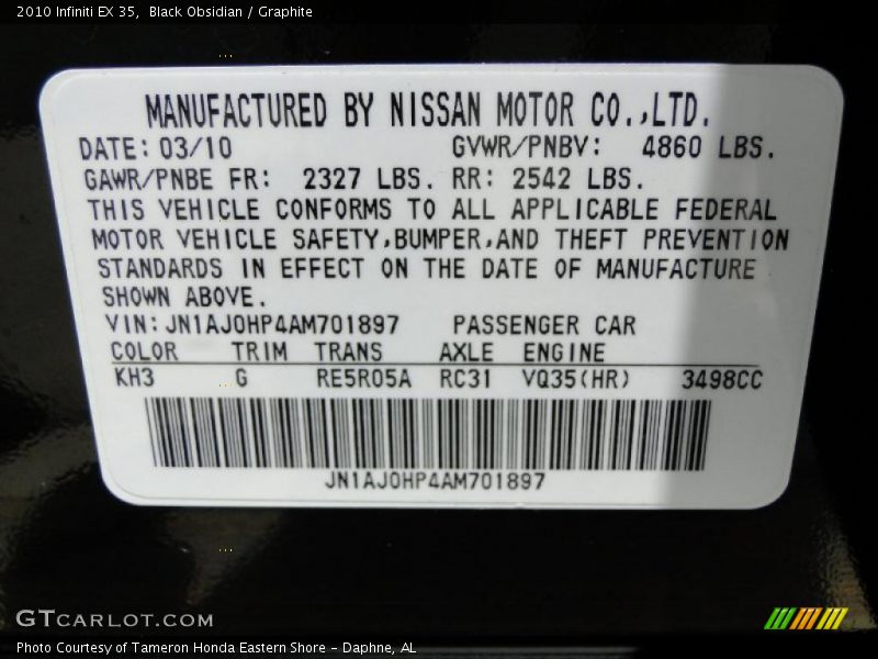 2010 EX 35 Black Obsidian Color Code KH3