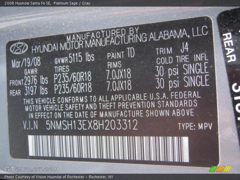 Platinum Sage / Gray 2008 Hyundai Santa Fe SE