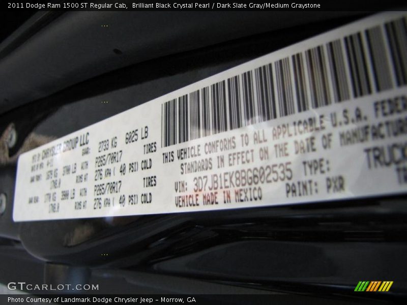 Brilliant Black Crystal Pearl / Dark Slate Gray/Medium Graystone 2011 Dodge Ram 1500 ST Regular Cab