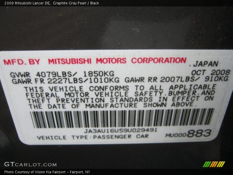 Graphite Gray Pearl / Black 2009 Mitsubishi Lancer DE
