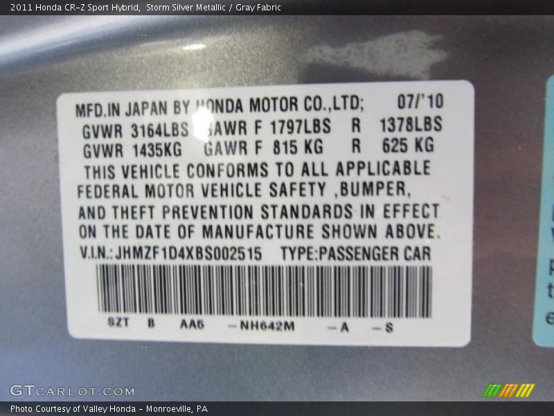 2011 CR-Z Sport Hybrid Storm Silver Metallic Color Code NH642M