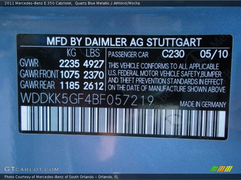 2011 E 350 Cabriolet Quartz Blue Metallic Color Code 230