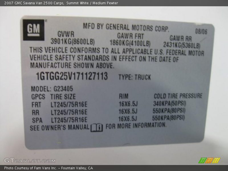 Summit White / Medium Pewter 2007 GMC Savana Van 2500 Cargo