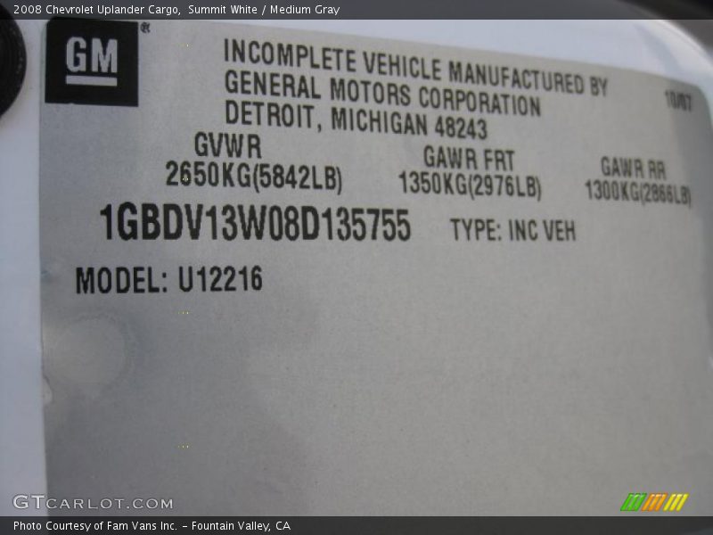 Summit White / Medium Gray 2008 Chevrolet Uplander Cargo
