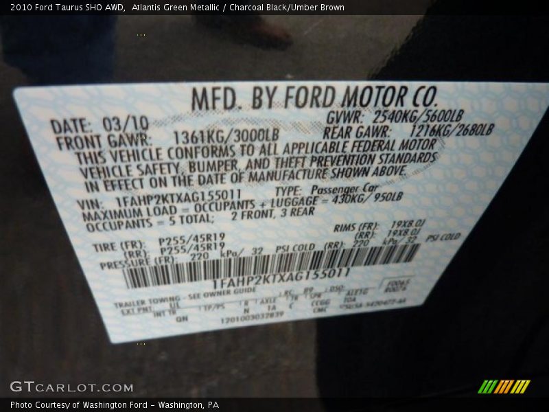 Atlantis Green Metallic / Charcoal Black/Umber Brown 2010 Ford Taurus SHO AWD