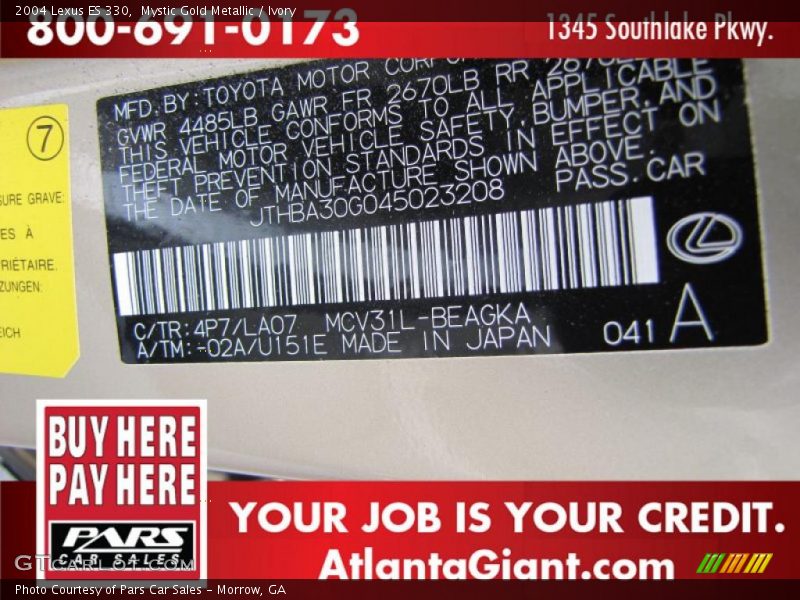 Mystic Gold Metallic / Ivory 2004 Lexus ES 330