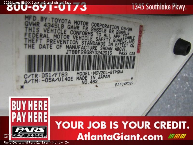 Crystal White / Sage 2000 Lexus ES 300 Sedan