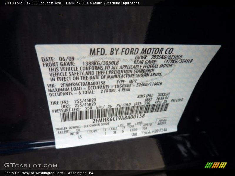 2010 Flex SEL EcoBoost AWD Dark Ink Blue Metallic Color Code DI