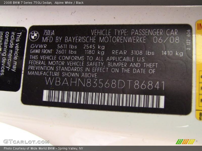 Alpine White / Black 2008 BMW 7 Series 750Li Sedan