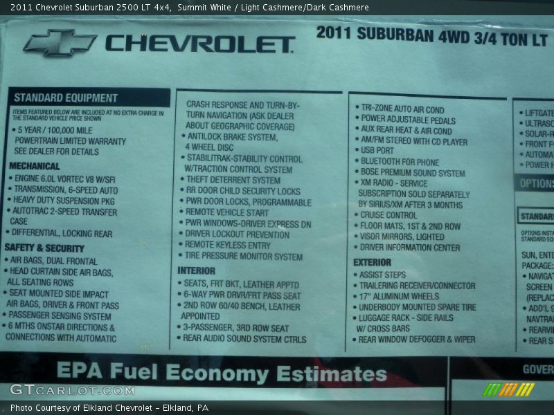  2011 Suburban 2500 LT 4x4 Window Sticker