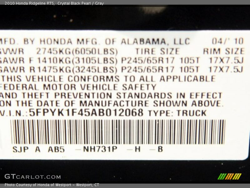 2010 Ridgeline RTS Crystal Black Pearl Color Code NH731P