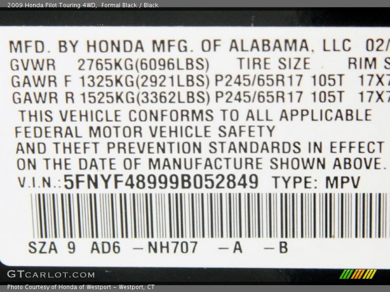 Formal Black / Black 2009 Honda Pilot Touring 4WD
